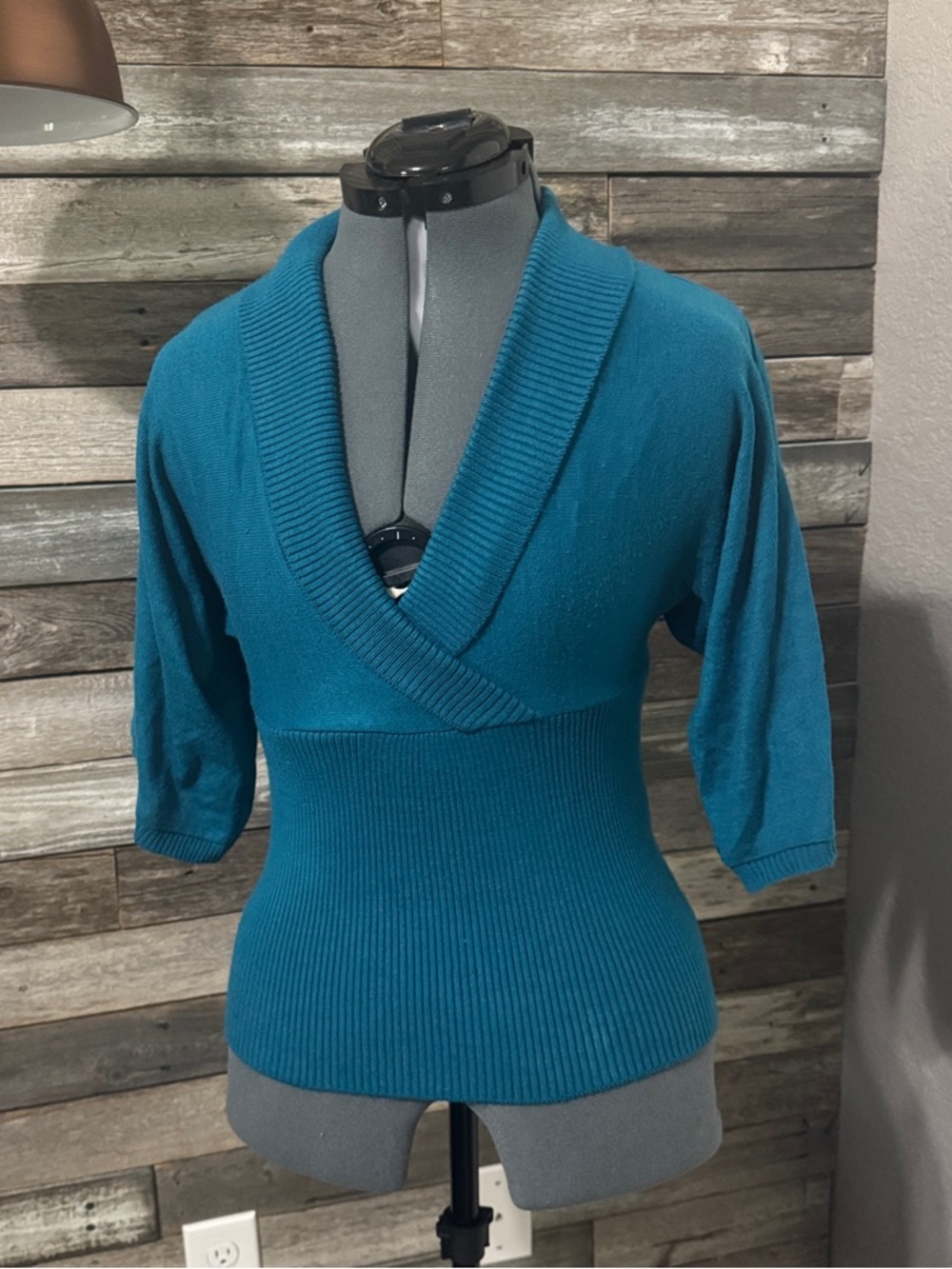 Iz Byer Teal Shawl Collar V-Neck Ribbed Waist Sweater